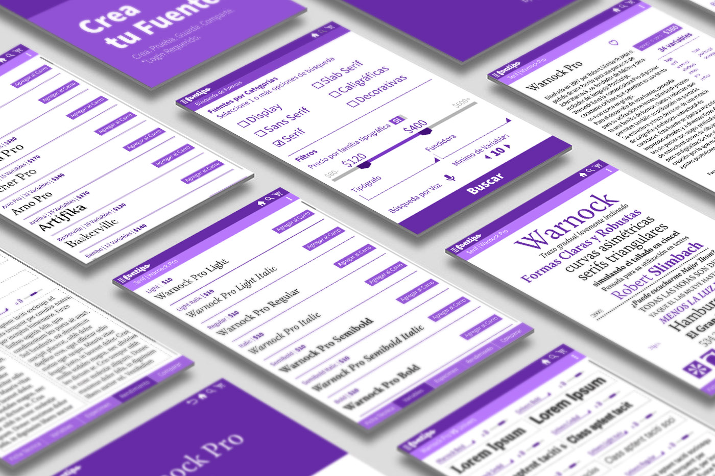 Set of screens portraying app user interface.